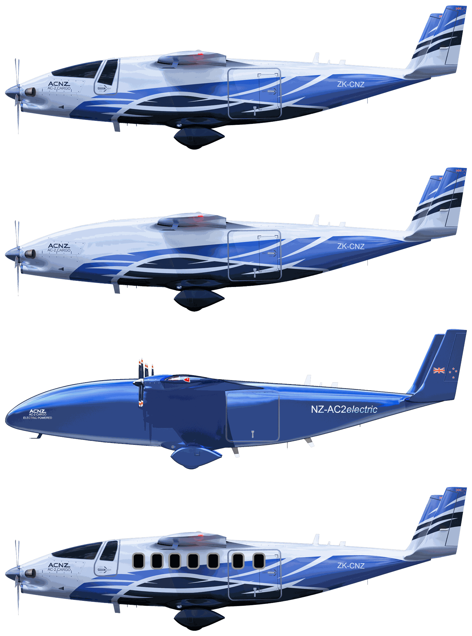 Profile line-up of AC-2 AveniQ configurations: crewed cargo, autonomous cargo, hydrogen / electric and 19-passenger